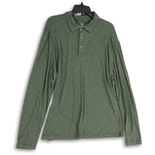 Mens Green Striped Long Sleeve Spread Collar Polo Shirt Size Large image number 1