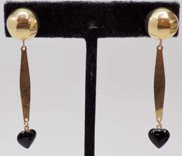 14K Yellow Gold Domed Black Heart Dangle Earrings 2.8g