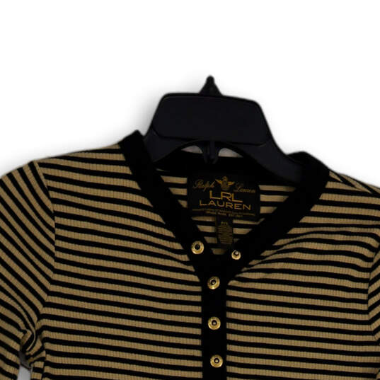 Womens Black Tan Striped Henley Neck 3/4 Sleeve Pullover T-Shirt Size P/S image number 3