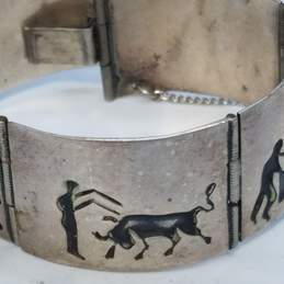 Sterling Silver Black Inlay Story Telling Panel 6.5inch Bracelet W/Safety Chain 26.6g FOR REPAIR alternative image