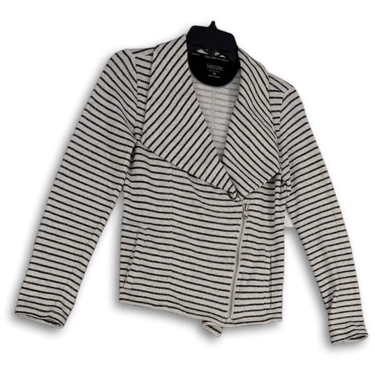 Womens Gray Striped Long Sleeve Collared Asymmetrical Full-Zip Jacket Sz XS image number 1