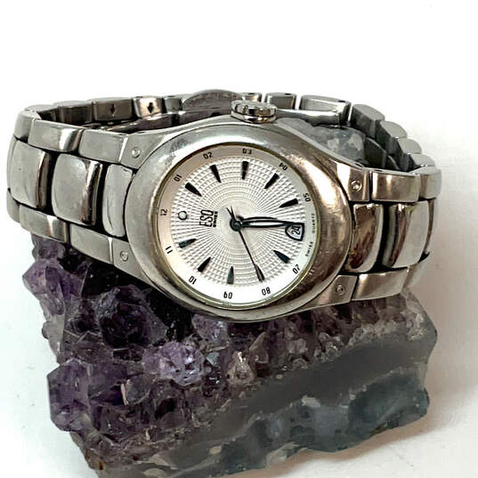Designer ESQ Silver-Tone White Oval Dial Stainless Steel Analog Wristwatch image number 1