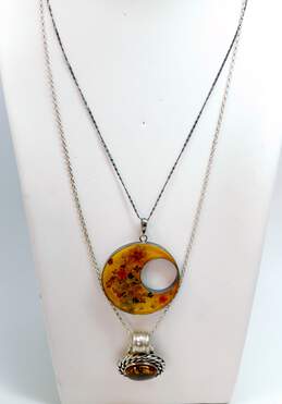 Taxco & 925 Amber Cabochon & Dried Flowers Crescent Moon Pendant Necklaces
