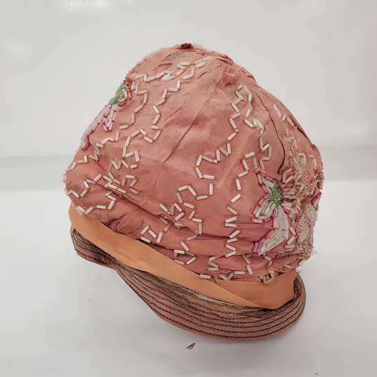 Vintage 1920s S & C Co. Pink Floral Beaded Women's Cloche Hat image number 3