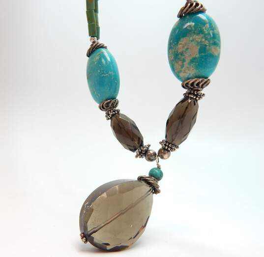 XS Sally C 925 Faceted Smoky Quartz Pendant & Turquoise & Granulated Beaded Double Strand Necklace 51.2g image number 2
