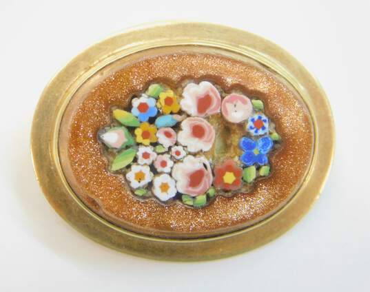 Vintage Goldtone & Silvertone Micro Mosaic Colorful Flowers Oval Brooches 12.2g image number 3