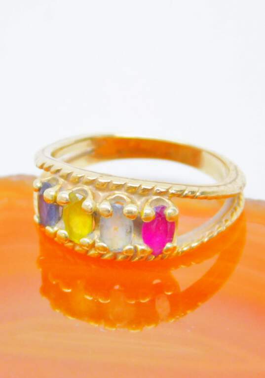 14K Gold Ruby Yellow & Dark Blue Sapphire & Aqua Rope Split Band Ring 4.1g image number 2