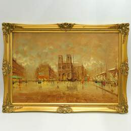 Artist DeVerde Signed Notre Dame Paris Rainy Day Street Scene Oil Painting 41x29