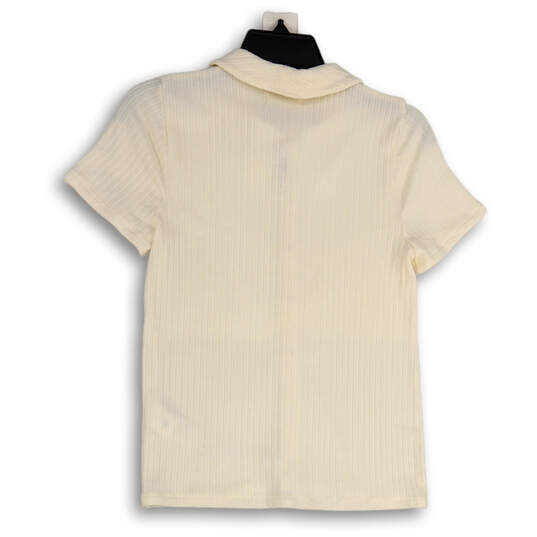 Womens White Ribbed Short Sleeve Spread Collar Button-Up Shirt Size Small image number 2