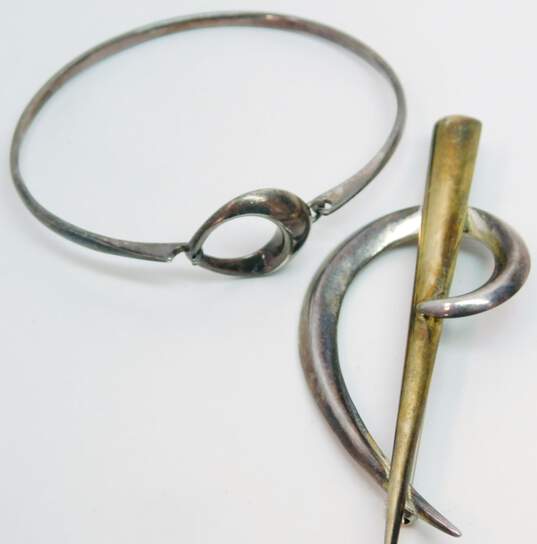 Sterling Silver Modernist Hook On Bangle Bracelet & Statement Brooch 22.7g image number 4