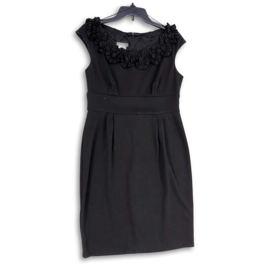 Womens Black Pleated Ruffle Neck Sleeveless Back Zip Shift Dress Size 12 image number 1
