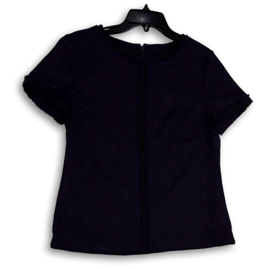 Womens Blue Round Neck Short Sleeve Back Zip Stretch Blouse Top Size 6 image number 1