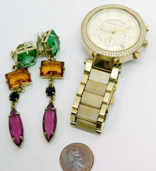 Michael Kors MK-5632 Icy Gold Tone Chronograph Watch & Heidi Daus Clip-On Earrings 113.0g image number 6