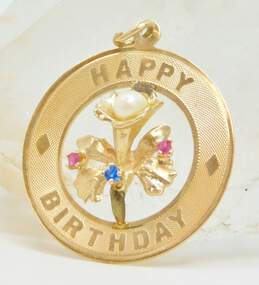 Vintage 14K Yellow Gold Ruby, Spinel & Pearl Happy Birthday Pendant 3.1g