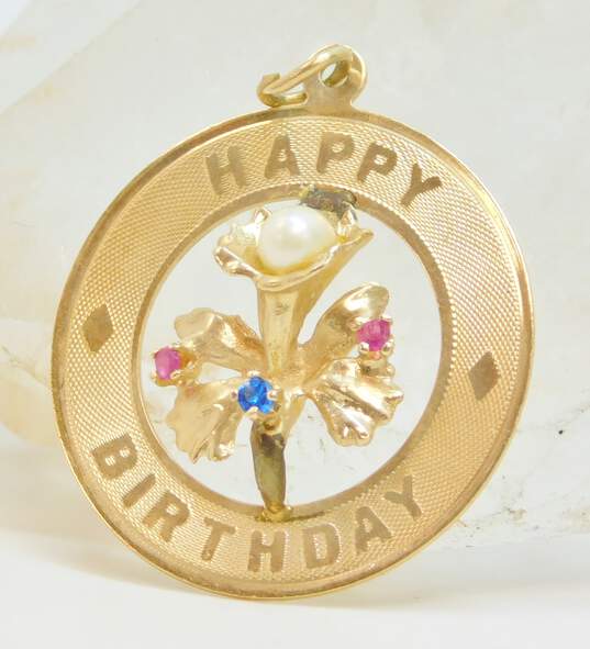 Vintage 14K Yellow Gold Ruby, Spinel & Pearl Happy Birthday Pendant 3.1g image number 1