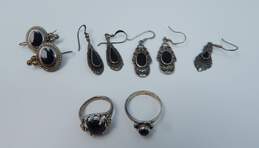 Artisan 925 Onyx Scrolled & Beaded Earrings & Floral Rings 23.7g