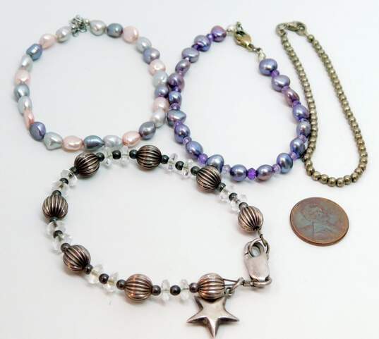 Artisan 925 Puffed Star Charm Ridged Clear Glass Ball Faceted Amethyst & Purple & Pink Pearls Beaded & Chain Bracelets Variety 29.6g image number 6