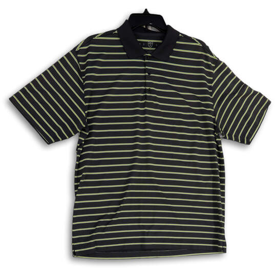 Mens Gray Green Striped Spread Collar Short Sleeve Golf Polo Shirt Size L image number 1