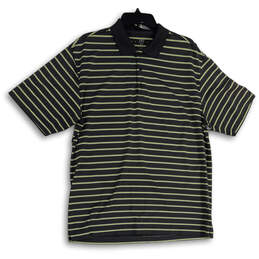 Mens Gray Green Striped Spread Collar Short Sleeve Golf Polo Shirt Size L