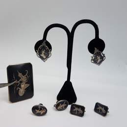 Siam Sterling Silver Niello Earring & Brooch Jewelry Bundle 4pcs 36.4g