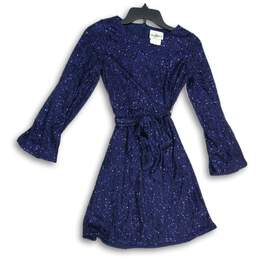 NWT Womens Navy Blue Sequins Long Sleeve Tie Waist Fit & Flare Dress Size 14