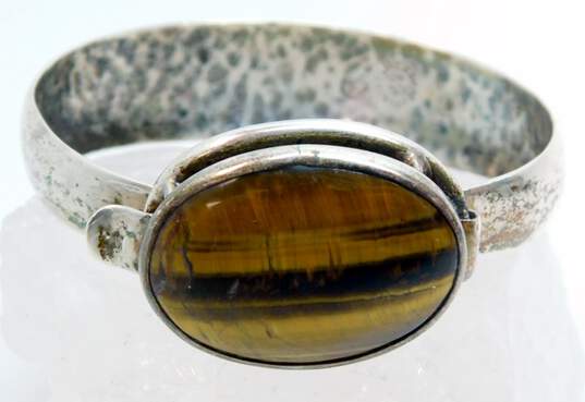 Vintage Taxco Mexico 925 Modernist Tigers Eye Oval Cabochon Hook Tapered Bangle Bracelet 34.9g image number 3