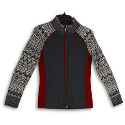 Womens Gray Fair Isle Knitted Mock Neck Long Sleeve Full-Zip Sweater Sz SP