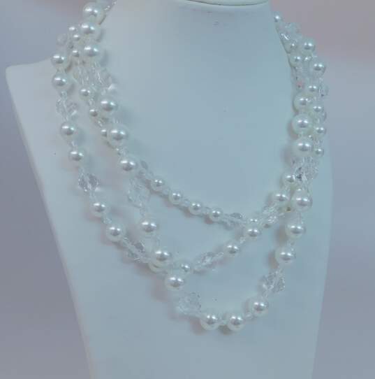 KJL Kenneth Jay Lane Silvertone Faceted Crystals & White Faux Pearls Beaded Three Strand Necklace 141.6g image number 5