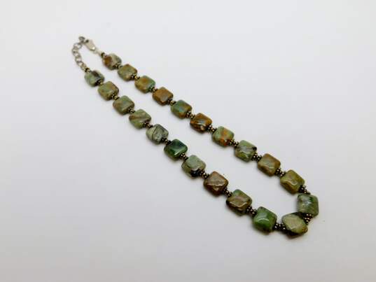 Rustic 925 Brown & Green Rainforest Jasper Granulated Beaded Necklace Floral Teardrop Drop Earrings & Brutalist Abstract Ring 54.4g image number 2