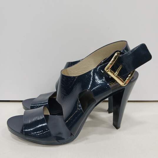 Womens Dark Blue Patent Leather Buckle Open Toe Cone Strappy Heels Size 8.5 M image number 3