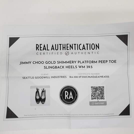 AUTHENTICATED Jimmy Choo Gold Lamé & Leather Platform Peep Toe Slingback Heels image number 2
