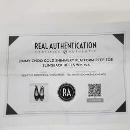 AUTHENTICATED Jimmy Choo Gold Lamé & Leather Platform Peep Toe Slingback Heels alternative image