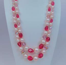 Vintage Pink Aurora Borealis & Faux Pearl Multi Strand Necklace & Earrings w/ Rhinestone Brooch 114g alternative image