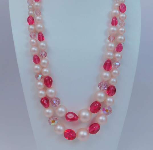 Vintage Pink Aurora Borealis & Faux Pearl Multi Strand Necklace & Earrings w/ Rhinestone Brooch 114g image number 2