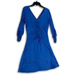Womens Blue V-Neck Long Sleeve Ruched Knee Length Fit and Flare Dress Sz 12 alternative image
