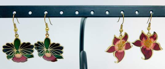 2 Pairs - Gold Tone Iris & Lily Cloisonné Drop Earrings image number 1