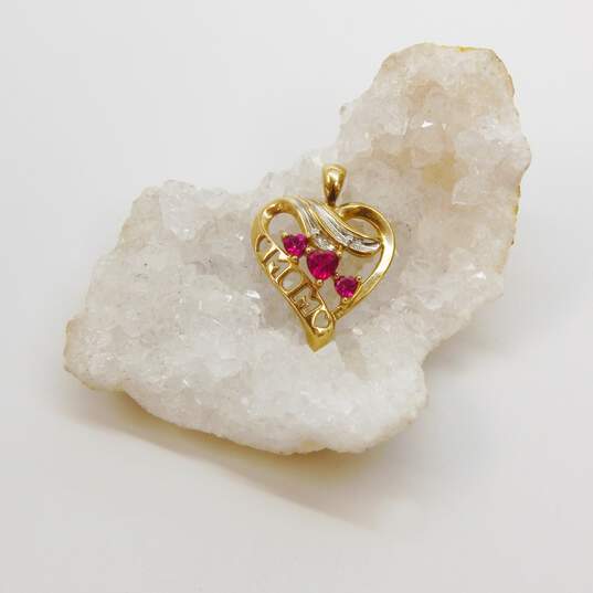 10K Yellow Gold Ruby Diamond Accent 'Mom' Open Heart Pendant 2.5g image number 2