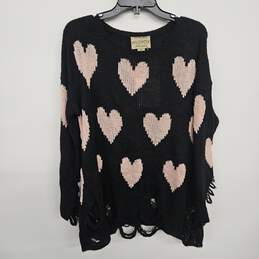 Black Pink Hearts Distressed Knit Long Sleeve Sweater