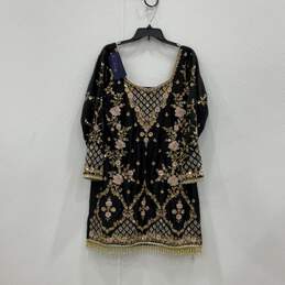NWT Lashkaraa Womens Black Gold Embroidered Long Sleeve Shift Dress Size XL 42