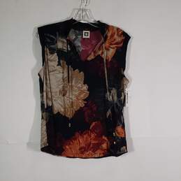 Womens Floral Drawstring V-Neck Sleeveless Blouse Top Size Large