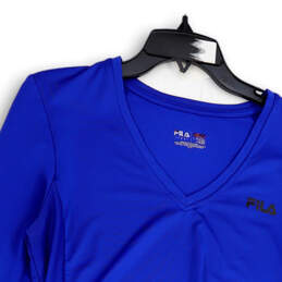 Womens Blue V-Neck Long Sleeve Activewear Pullover T-Shirt Size Large