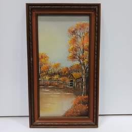 Framed Rural House by Pond Painting