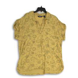 Lands' End Womens Yellow Floral Short Sleeve Spread Collar Blouse Top Size 1X