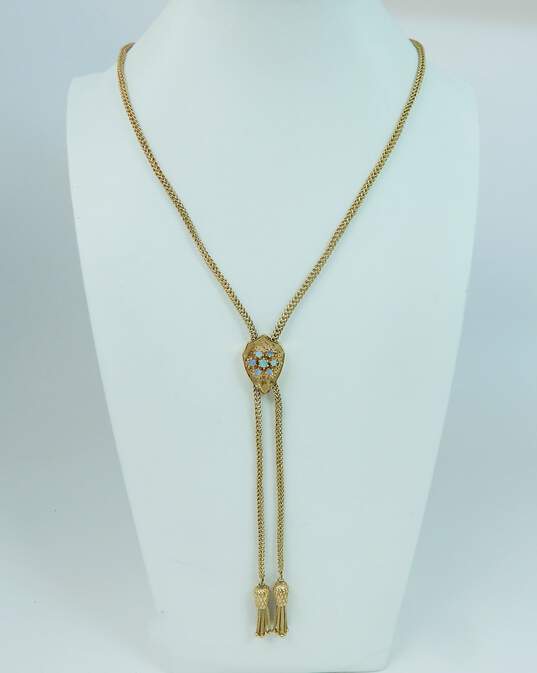 Vintage 14k Yellow Gold Etched Shield Opal Tassel Lariat Necklace 33.5g image number 1