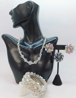 Vintage Clear & Colorful Icy Aurora Borealis Clip-On Earrings Necklace Brooch & Stretch Bracelet 146.1g