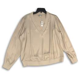 NWT Womens Beige Satin Long Sleeve V-Neck Pullover Blouse Top Size XL