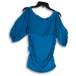 NWT Womens Blue Ruched Short Sleeve Round Neck Pullover Blouse Top Size L alternative image