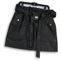 NWT Womens Black Leather Flat Front Tie Waist Slash Pocket A-Line Skirt Size L