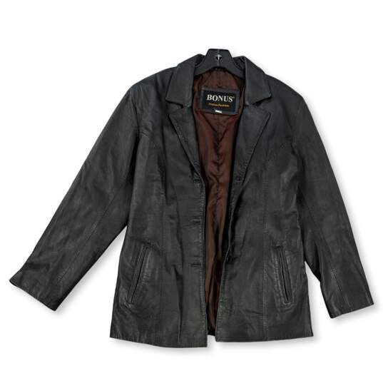 Womens Black Long Sleeve Collared Pockets Leather Jacket Size Large image number 3
