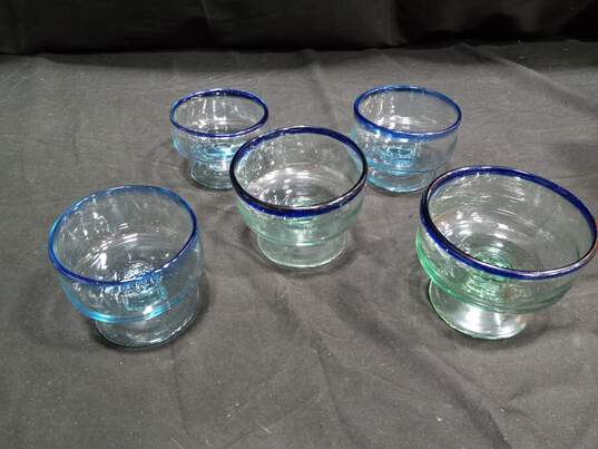 Bundle of 5 Mexican Blue Rimmed Blown Glass Compotes image number 1